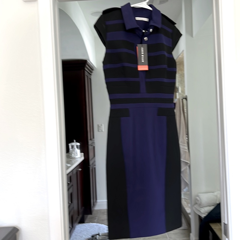 Karen Millen - Modern Stretch Tailored Dress; black with violet; size 6